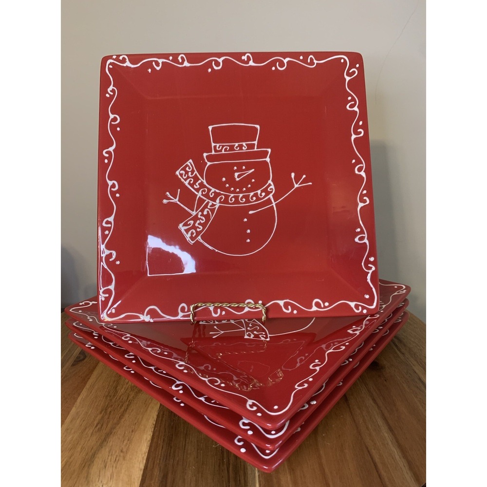 (4) Red 10" Snowman Dinner Plates Signature Housewares Hand Decor Christmas RL